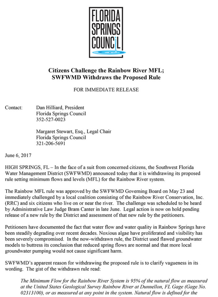 2017.06 06 Citizens Challenge the Rainbow River MFL.. In: SWFWMD Withdraws Proposed MFL | Our Santa Fe River, Inc. (OSFR) | Protecting the Santa Fe River 2017.06 06 Citizens Challenge the Rainbow River MFL.. In: SWFWMD Withdraws Proposed MFL | Our Santa Fe River, Inc. (OSFR) | Protecting the Santa Fe River