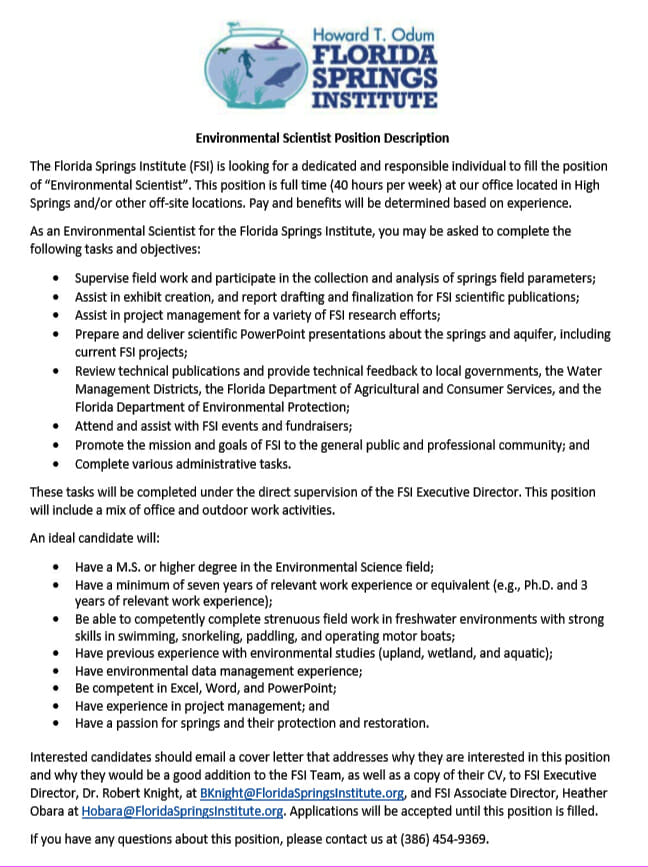 FSIjob In: Seeking Environmental Scientist for Florida Springs Institute | Our Santa Fe River, Inc. (OSFR) | Protecting the Santa Fe River FSIjob In: Seeking Environmental Scientist for Florida Springs Institute | Our Santa Fe River, Inc. (OSFR) | Protecting the Santa Fe River