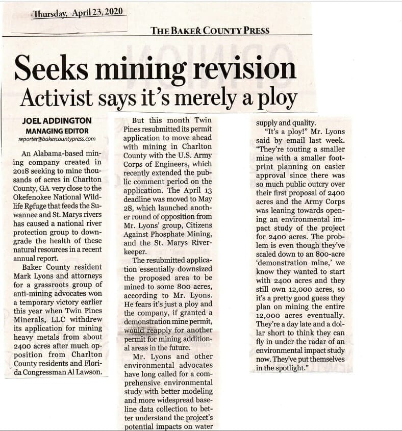 Baker news april 24 In: Mine continues forward with controversy | Our Santa Fe River, Inc. (OSFR) | Protecting the Santa Fe River