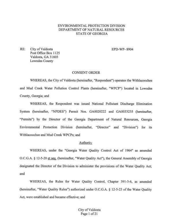 CONSENT ORDER VALDOSTA In: Deadline set to comment on Valdosta EPD Enforcement Order | Our Santa Fe River, Inc. (OSFR) | Protecting the Santa Fe River CONSENT ORDER VALDOSTA In: Deadline set to comment on Valdosta EPD Enforcement Order | Our Santa Fe River, Inc. (OSFR) | Protecting the Santa Fe River