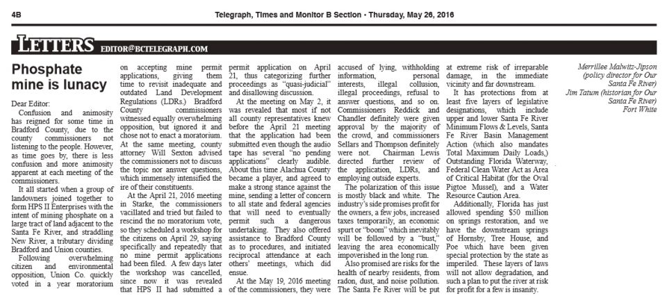 mine op ed In: BRADFORD CO. PHOSPHATE MINE IS LUNACY | Our Santa Fe River, Inc. (OSFR) | Protecting the Santa Fe River mine-op-ed