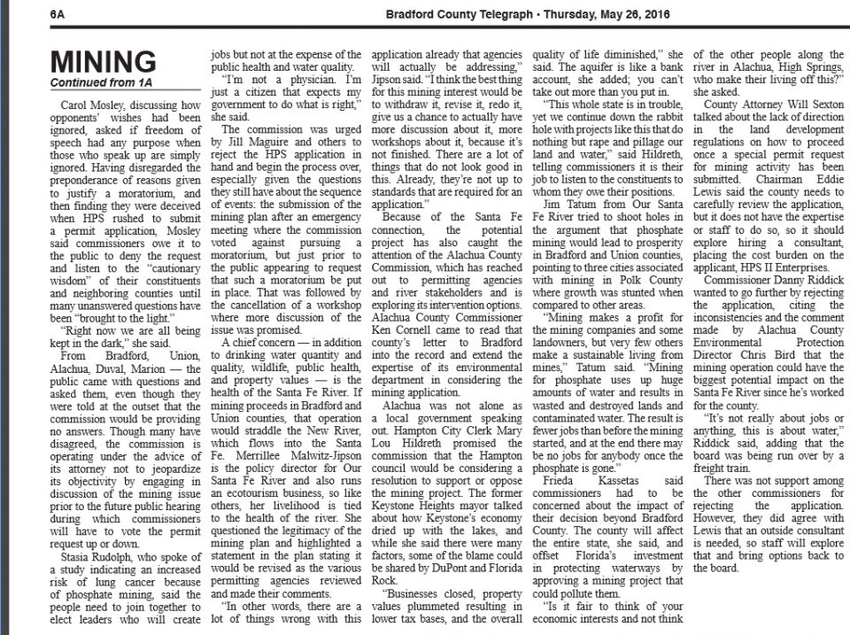 mineMay19 2 In: OSFR Policy Director, Historian, Quoted in Mine Article | Our Santa Fe River, Inc. (OSFR) | Protecting the Santa Fe River mineMay19-2