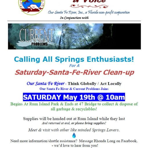 river cleanup flyer final 1 In: RIVER CLEANUP SAT MAY 19 Rum Island Park to Hwy 47 Bridge 10 am | Our Santa Fe River, Inc. (OSFR) | Protecting the Santa Fe River